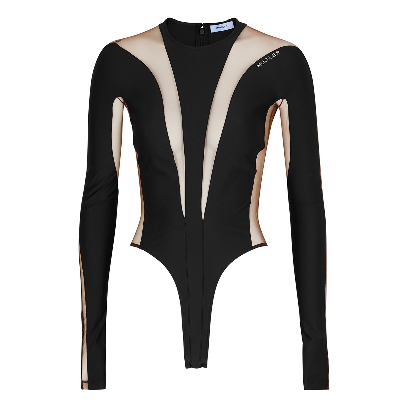 MUGLER PANELLED STRETCH-JERSEY AND TULLE BODYSUIT