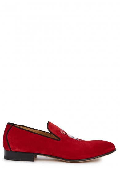 ALEXANDER MCQUEEN RED EMBROIDERED SUEDE LOAFERS