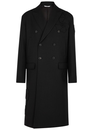Valentino Black floral-appliquéd wool coat 