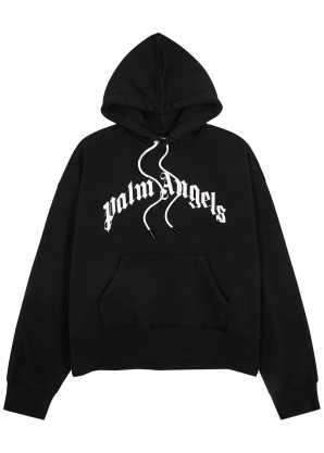 Palm Angels Black logo hooded cotton sweatshirt