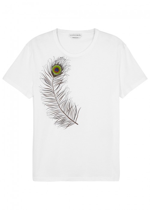 ALEXANDER MCQUEEN PEACOCK-FEATHER EMBROIDERED COTTON T-SHIRT, WHITE ...