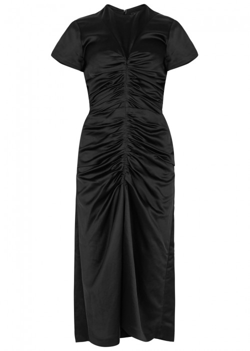 ISABEL MARANT Else Ruched Satin Midi Dress in Black | ModeSens