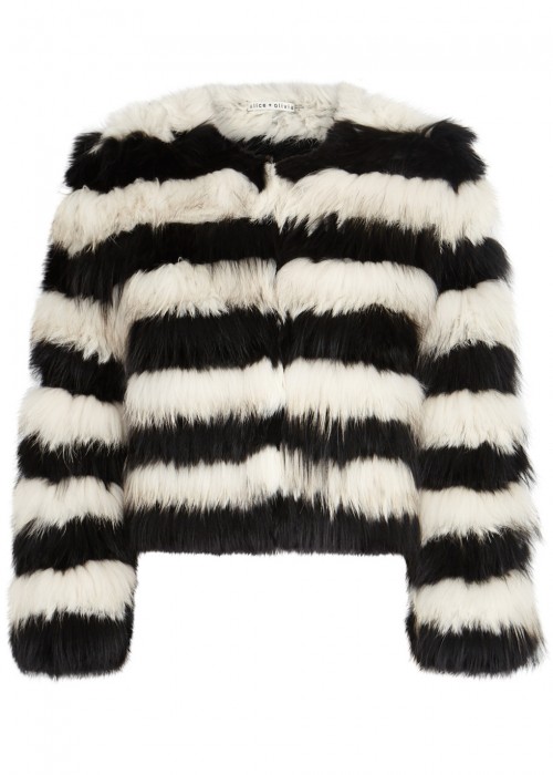 ALICE AND OLIVIA FAWN LONG-SLEEVE STRIPED FUR JACKET, BLACK/WHITE ...