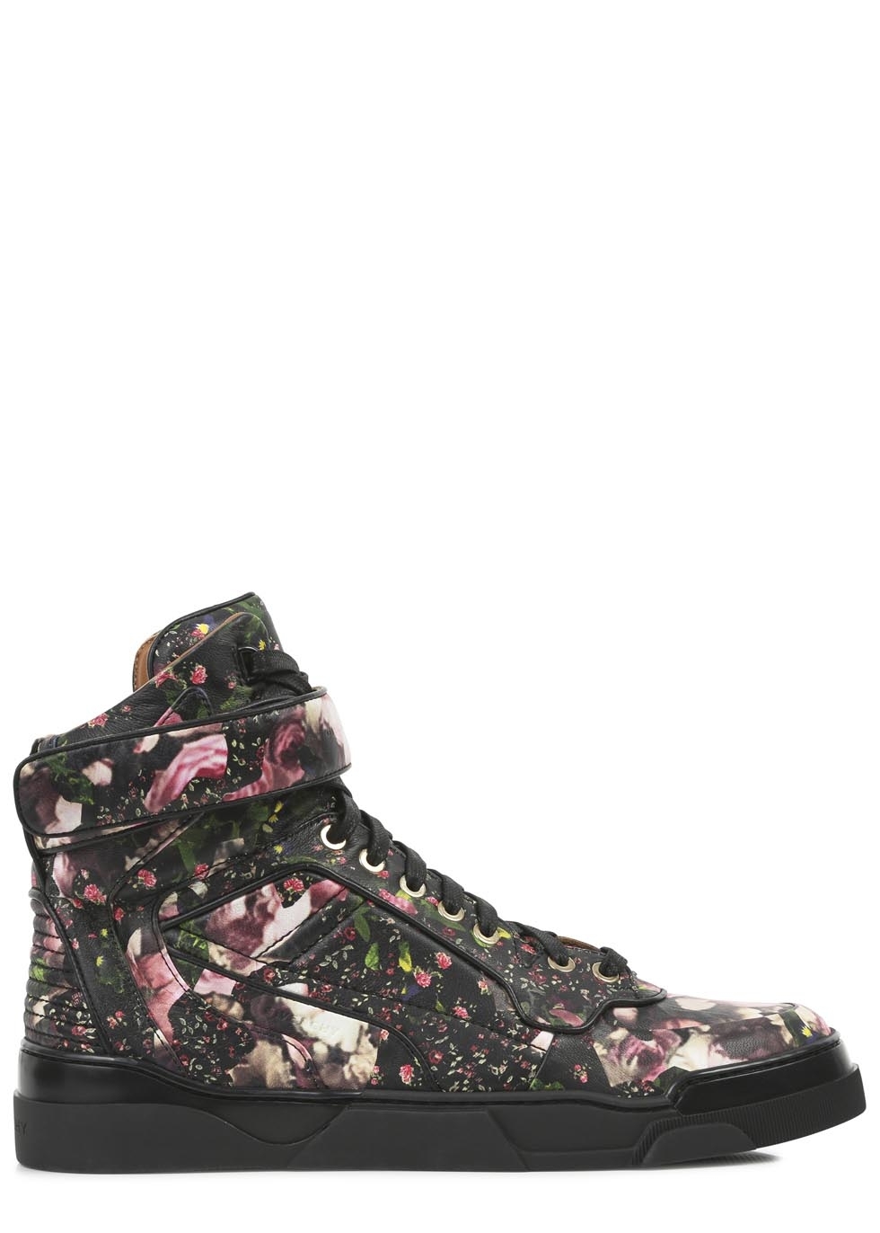 Black and pink floral leather hi-top trainers
