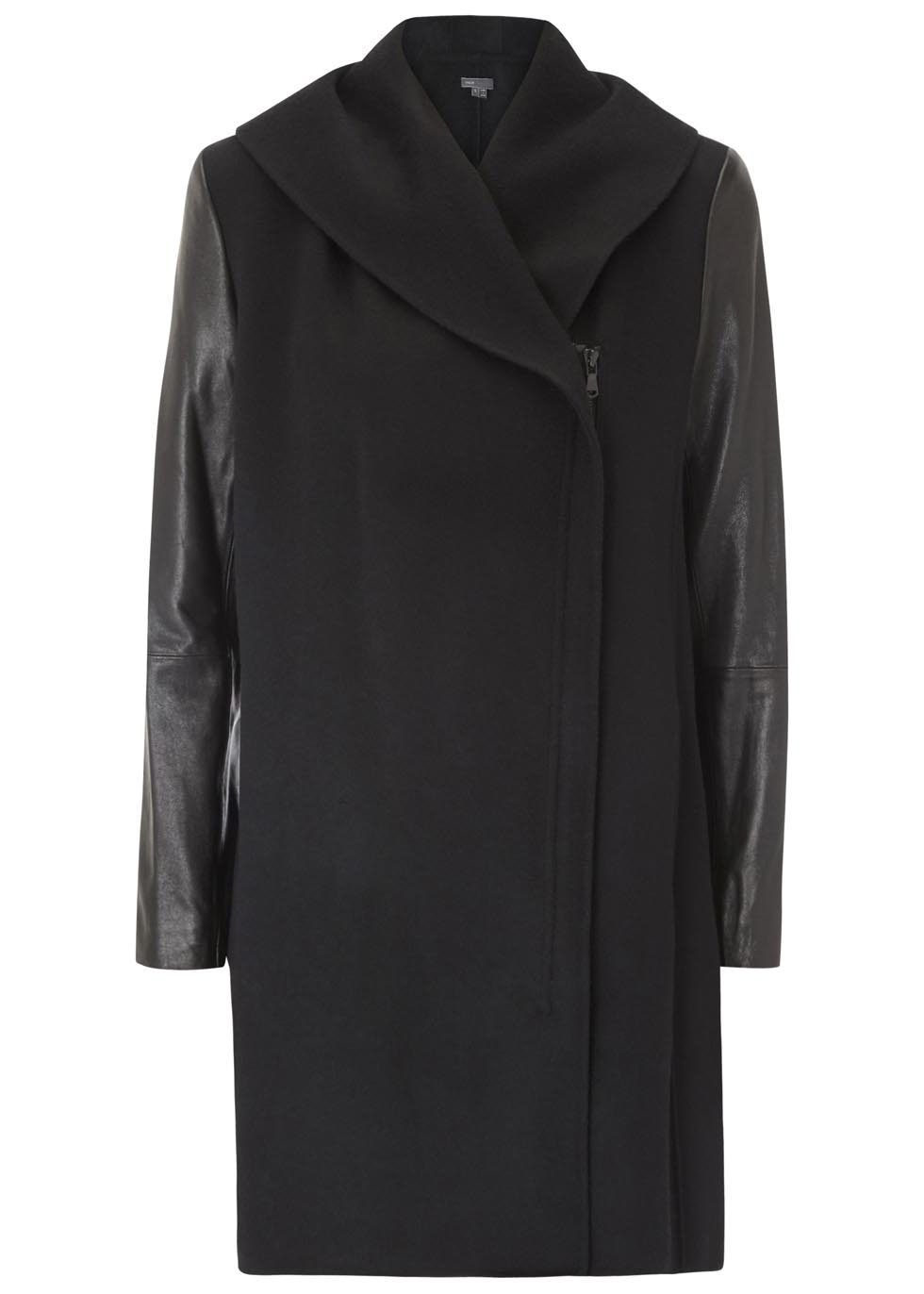 Black leather sleeve wool blend coat