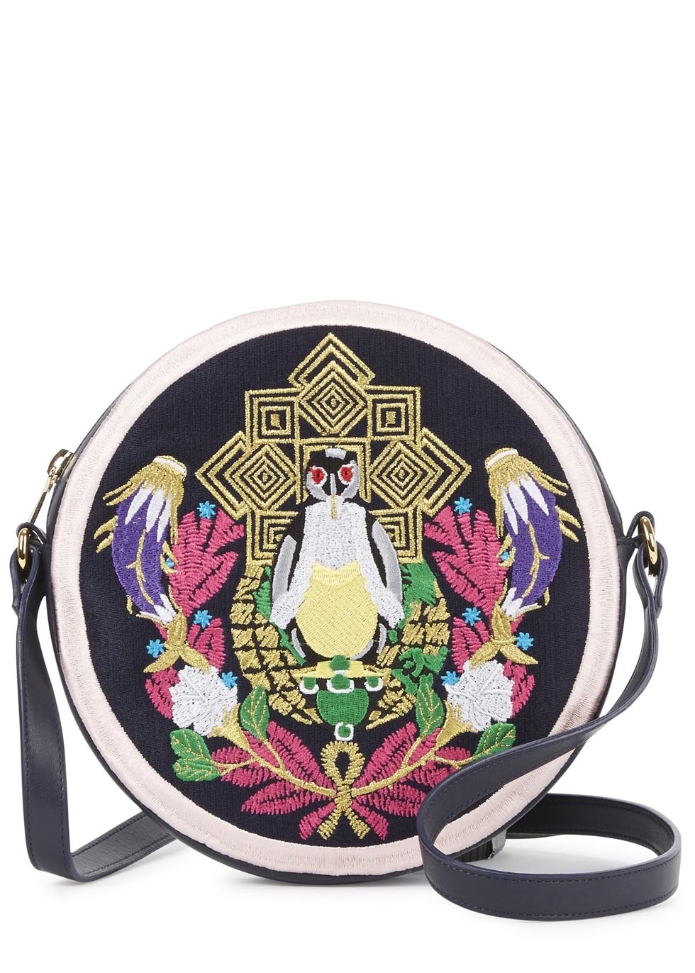 Navy embroidered leather cross-body bag