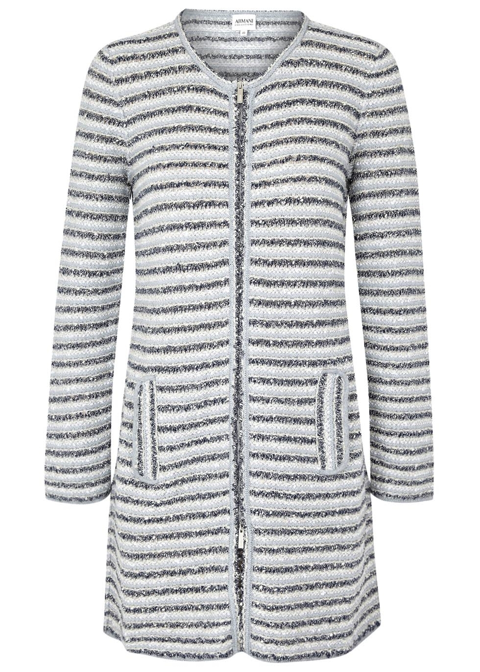 Blue striped bouclé knit coat