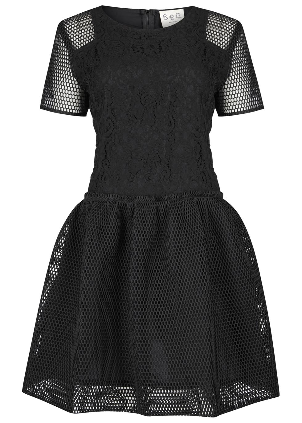 Black neoprene mesh and lace dress