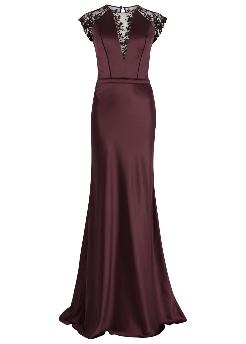 Burgundy lace panelled silk gown