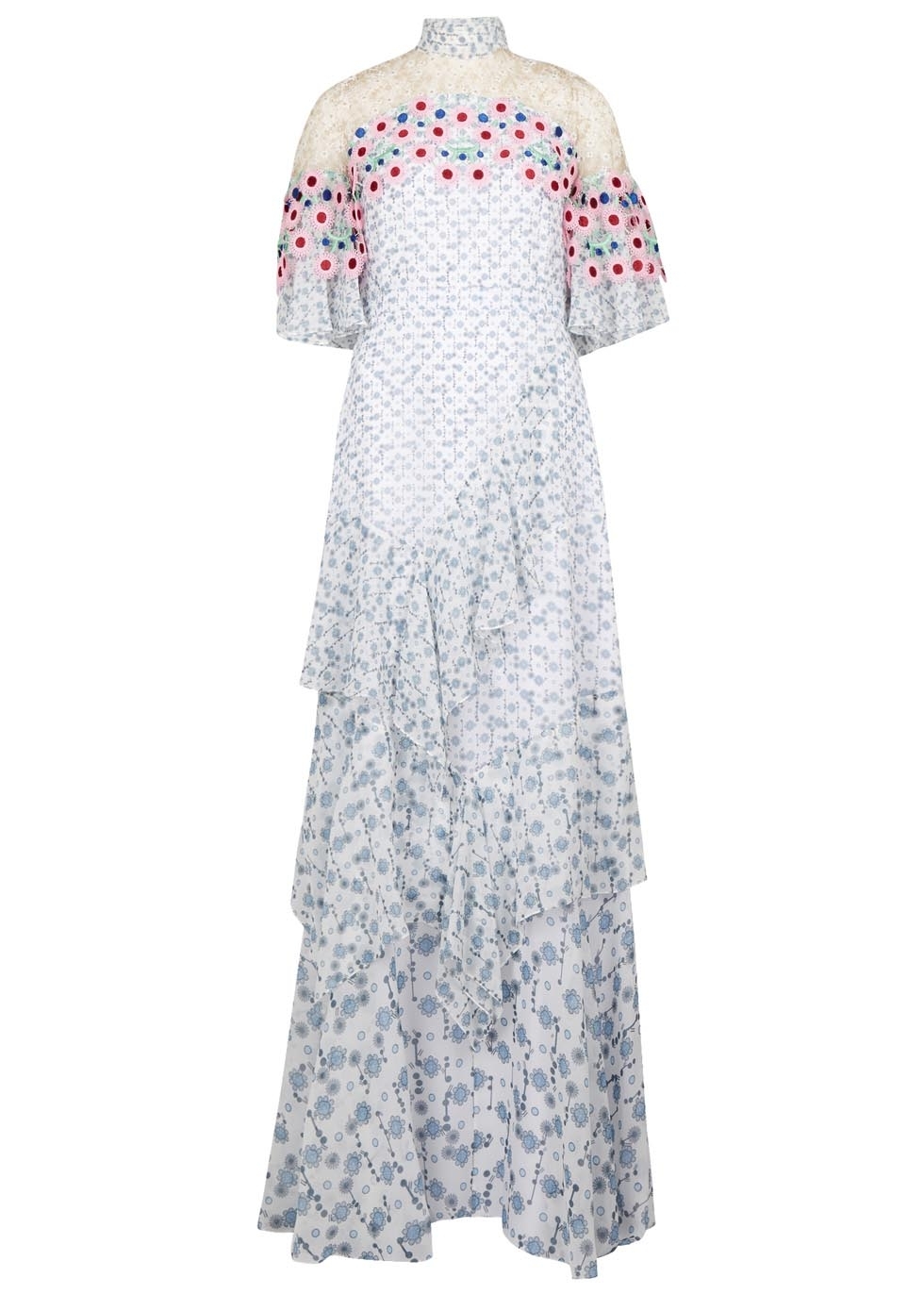 Floral-print lace-trimmed silk chiffon gown