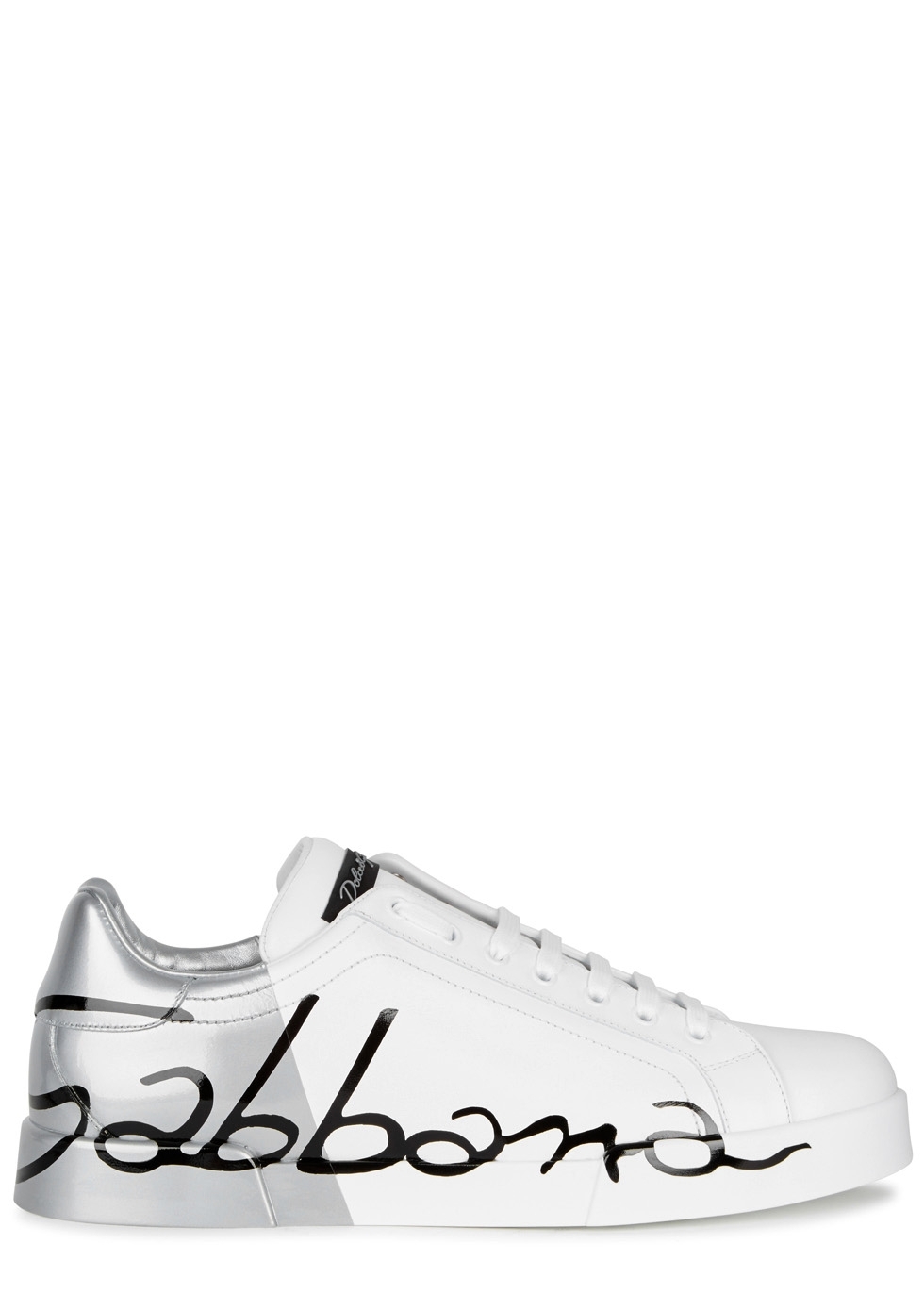 White and silver leather trainers